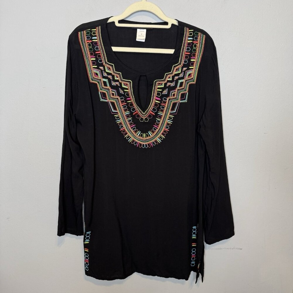 La Blanca Swim Coverup Dress Size Small Black Long Sleeve Colorful Keyhole